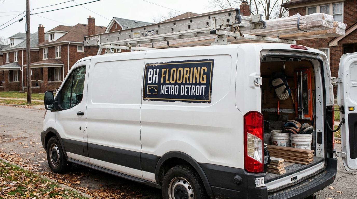 Flooring contractor van side magnet branding — BH Flooring Metro Detroit, Metro Detroit, MI