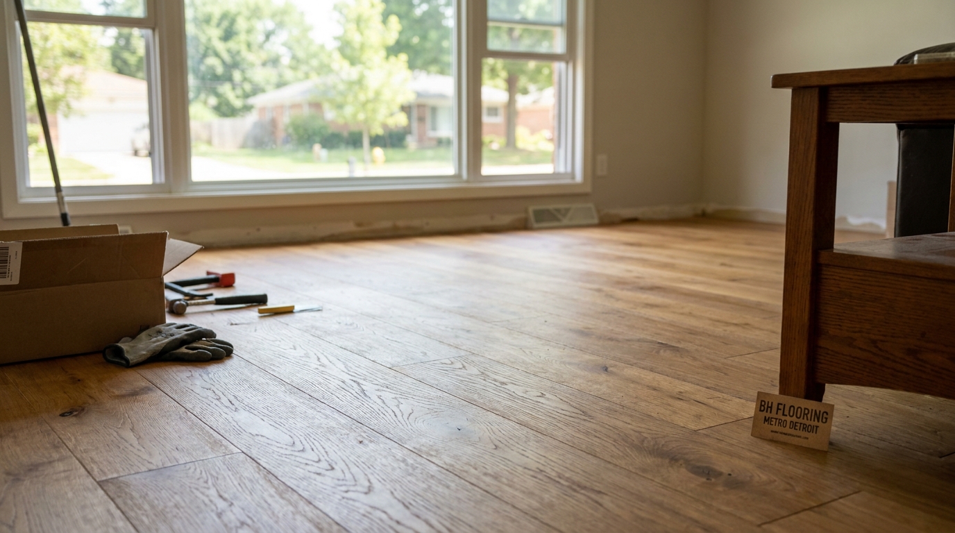 Hardwood flooring install in Michigan living room — BH Flooring Metro Detroit, Metro Detroit, MI