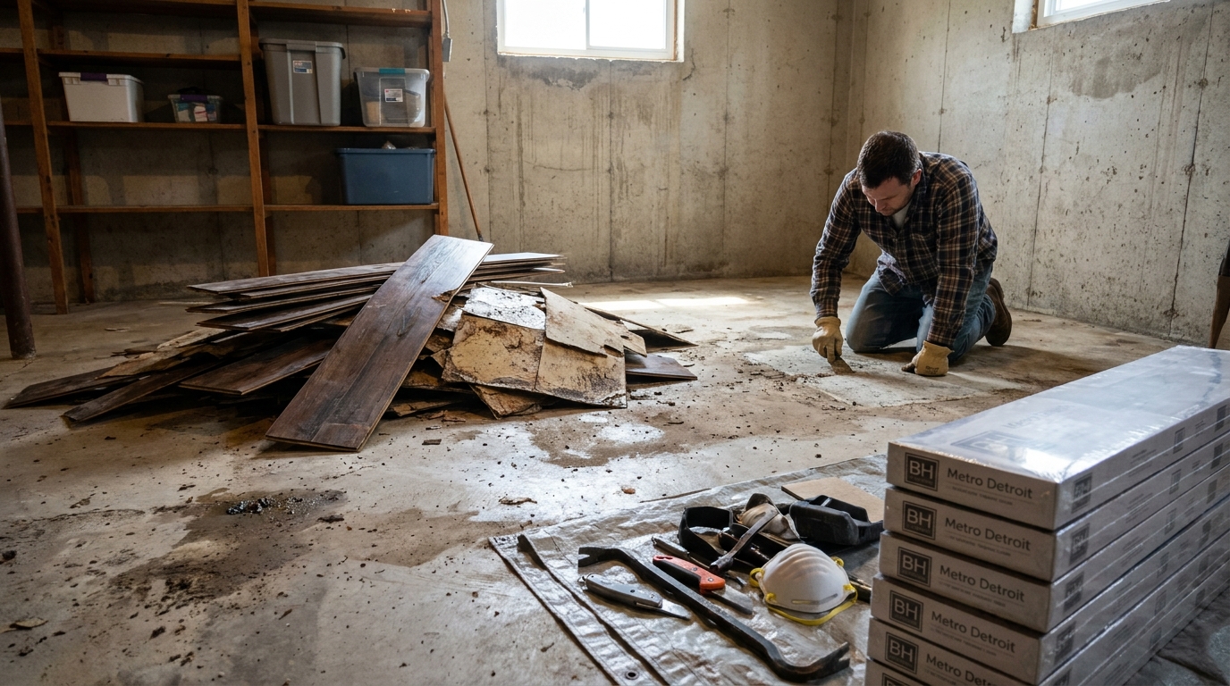 Water-damaged flooring removed before replacement — BH Flooring Metro Detroit, Metro Detroit, MI