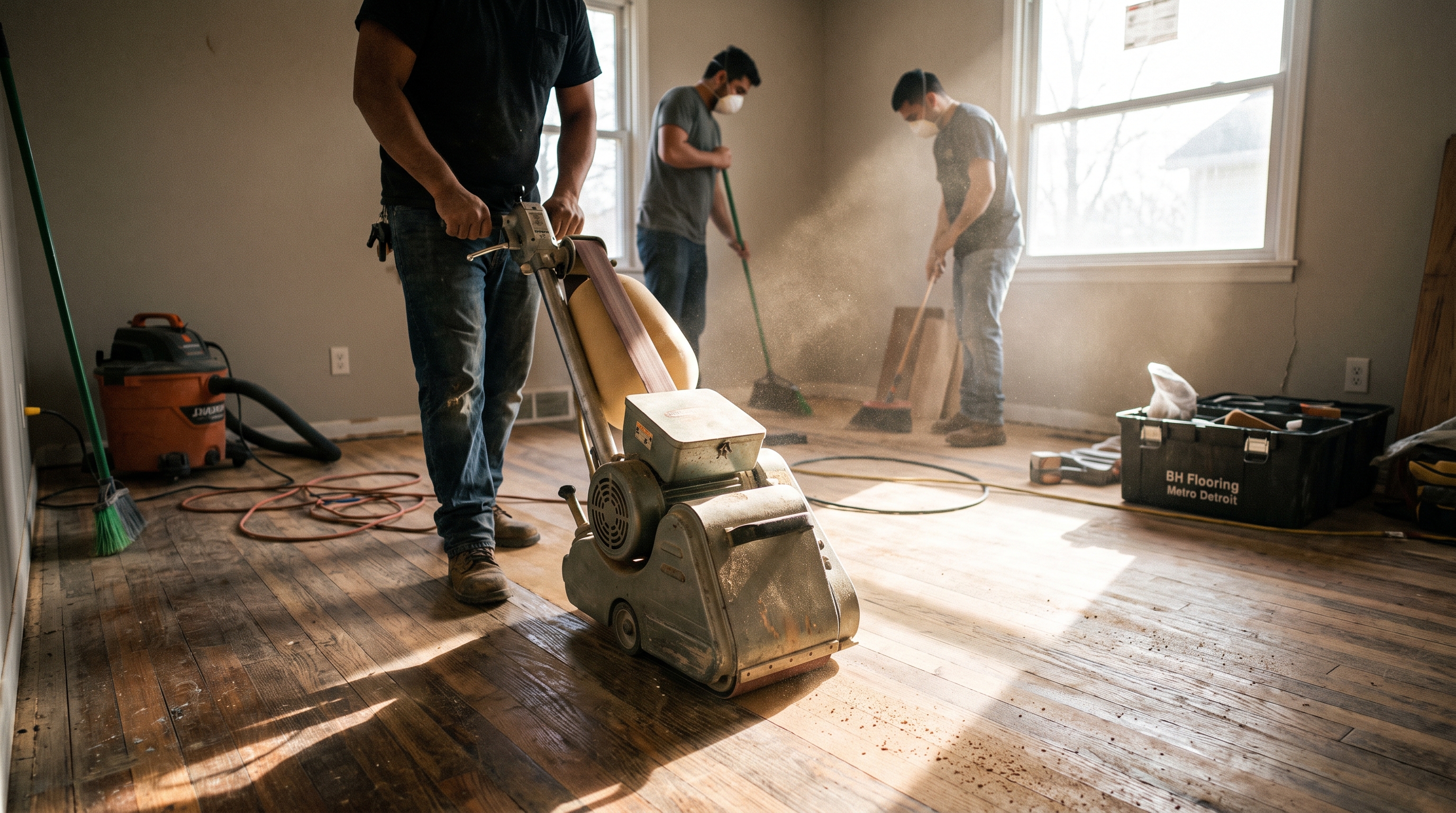 Crew sanding hardwood floors on jobsite — BH Flooring Metro Detroit, Metro Detroit, MI