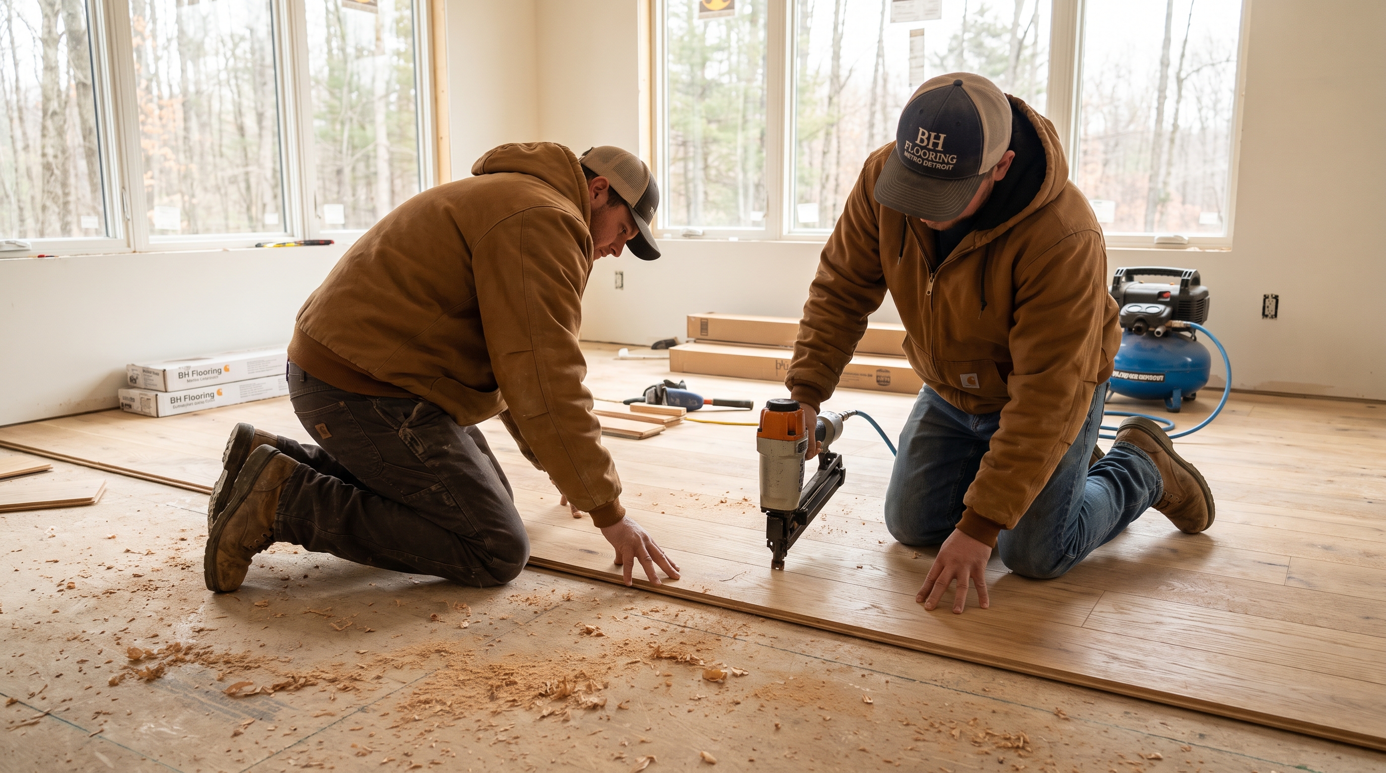 Wide-plank hardwood install with nail gun — BH Flooring Metro Detroit, Metro Detroit, MI